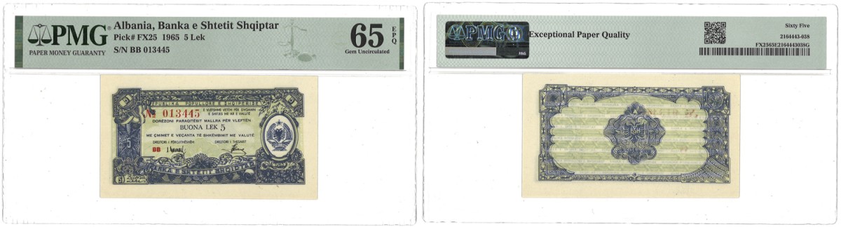 Albania. 5 Lek. Banknote. Type 1965. - PMG 65EPQ
