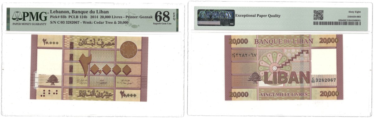 Lebanon. 20.000 Livres. Banknote. Type 2014. - PMG 68EPQ