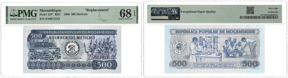 Mozambique. 500 Meticais. Banknote. Type 1980. Type Replacement. - PMG 68EPQ