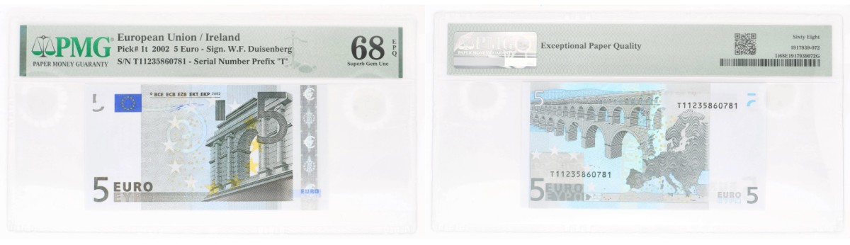 Ireland. 5 Euro. Banknote. Type 2002. - PMG 68EPQ