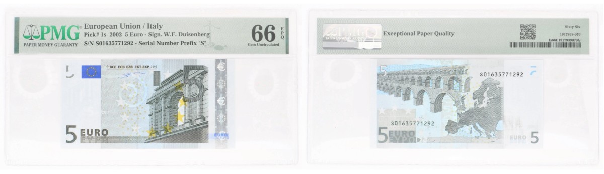 Italy. 5 Euro. Banknote. Type 2002. - PMG 66EPQ