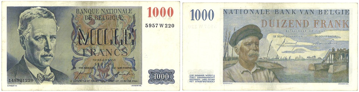 Belgium. 1000 Francs. Banknote. Type 1956. - Very fine +.