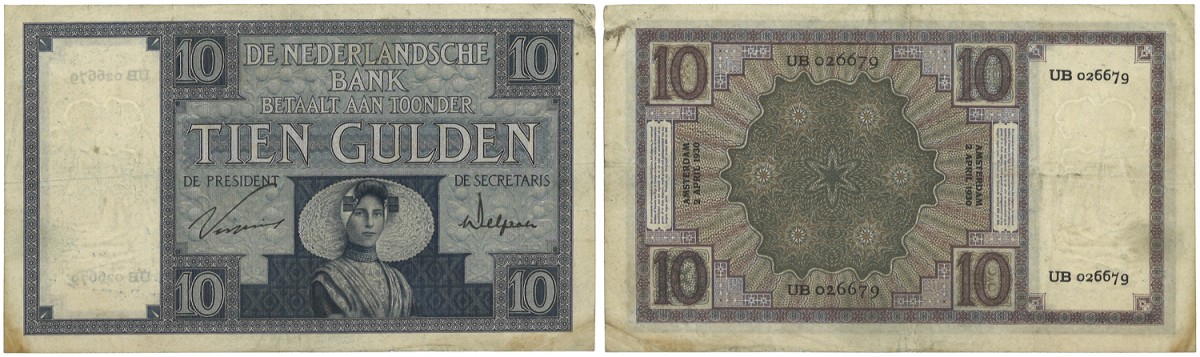 Nederland. 10 Gulden. Bankbiljet. Type Proefserie UB Zeeuws Meisje. - Zeer Fraai +.