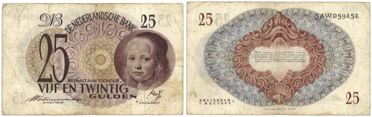 Nederland. 25 Gulden. Bankbijlet. Type 1945. Type Meisje in Blauw. - Fraai.