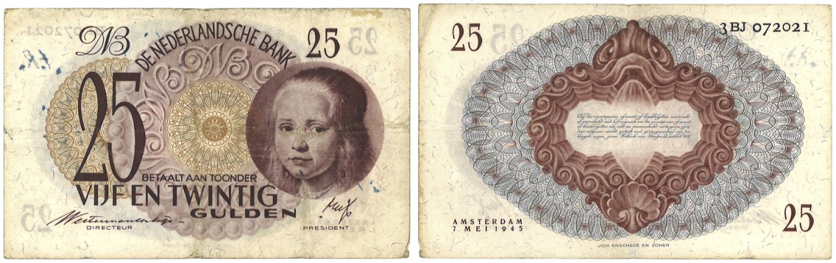 Nederland. 25 Gulden. Bankbiljet. Type 1945. Type Meisje in Blauw. - Fraai.