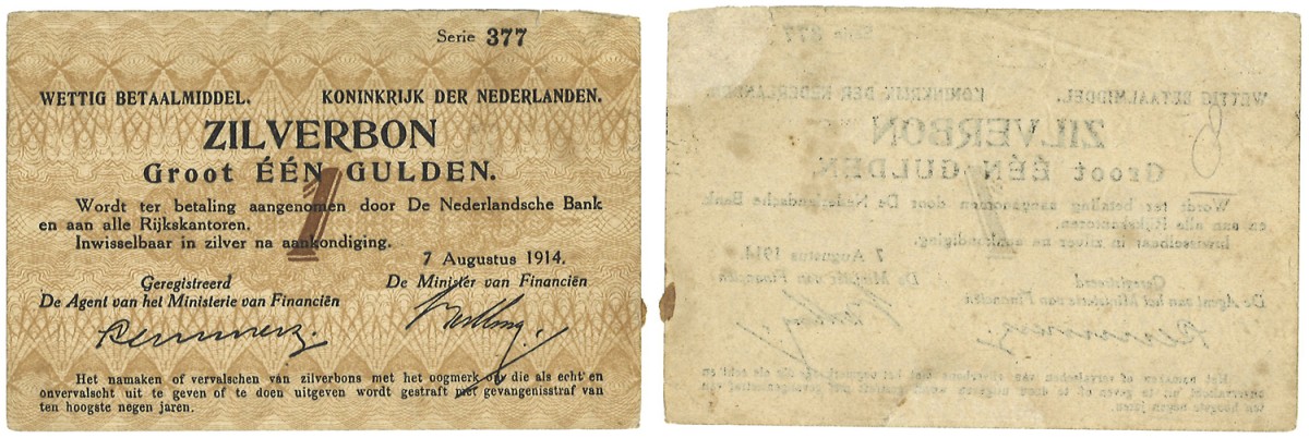 Nederland. 1 Gulden. Bankbiljet. Type 1914. Type Zilverbon. - About UNC.