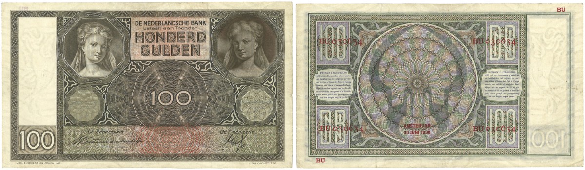 Nederland. 100 Gulden. Bankbiljet. Type 1936. Type Luitspelende Vrouw. - Zeer Fraai.