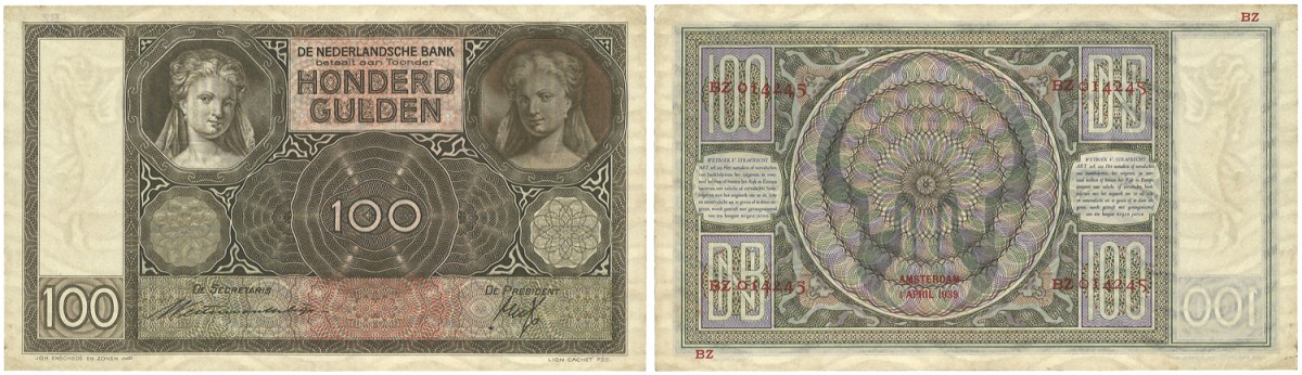 Nederland. 100 Gulden. Bankbiljet. Type 1939. Type Luitspelede vrouw. - Zeer Fraai.