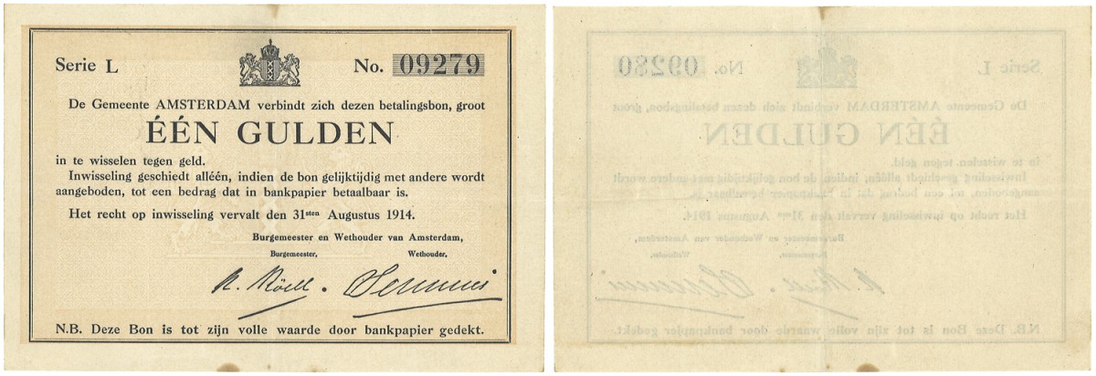 Nederland. 1 Gulden. Noodgeld. Type 1914. Type Amsterdam. - Prachtig -.