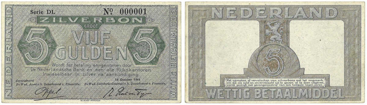 Nederland. 5 Gulden. Zilverbon. Type 1944. - UNC