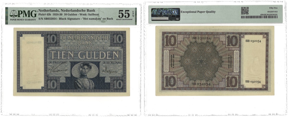 Nederland. 10 Gulden. Bankbiljet. Type 1924-1930. Type Zeeuws Meisje. - PMG 55EPQ