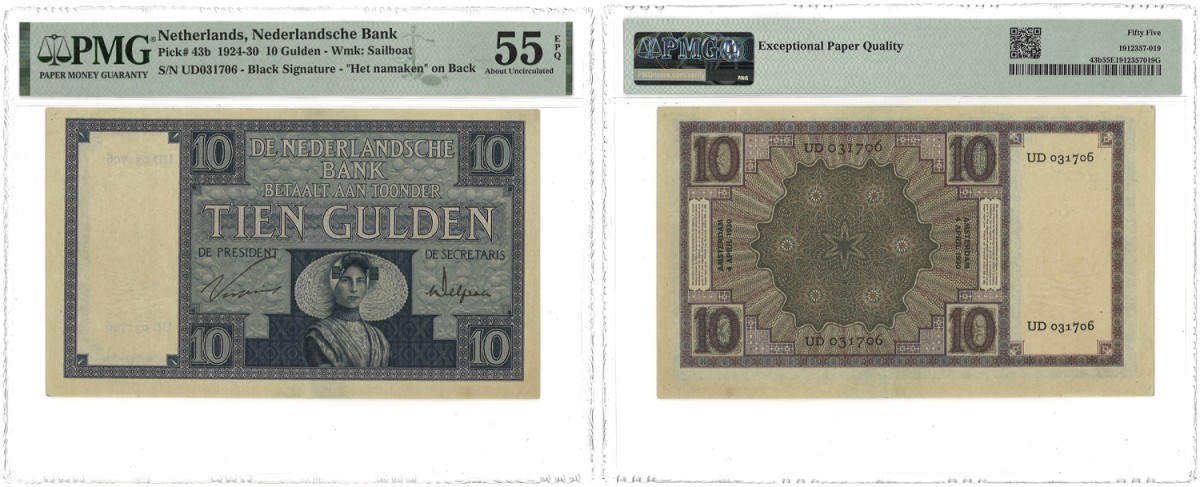 Nederland. 10 Gulden. Bankbiljet. Type 1924-1930. Type Zeeuws Meisje. - PMG 55EPQ