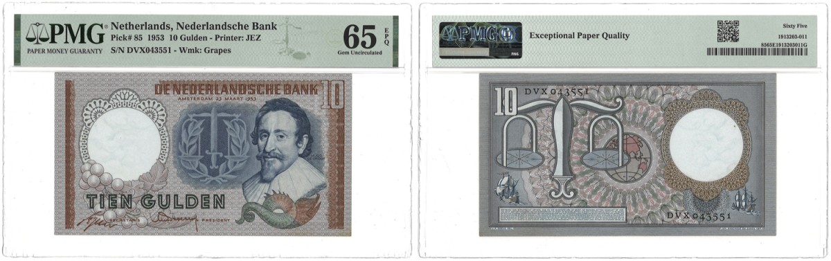 Nederland. 10 Gulden. Bankbiljet. Type 1953. Type Hugo de Groot. - PMG 65EPQ