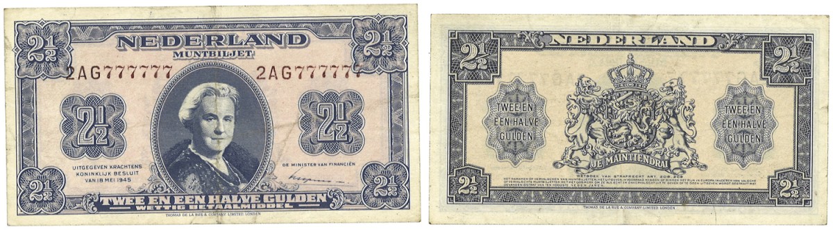 Nederland. 2 1/2 Gulden. Bankbiljet. Type 1945. Type Uniek Serienummer. - Zeer Fraai.