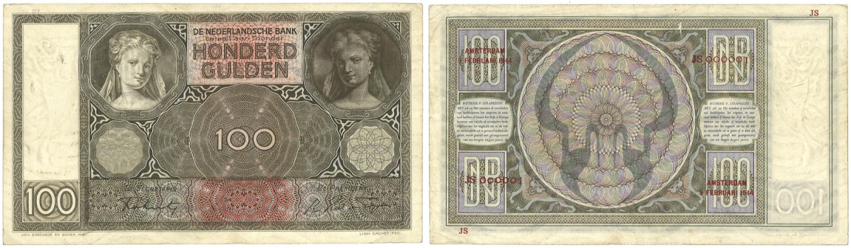 Nederland. 100 Gulden. Bankbiljet. Type 1944. Type Luitspelende Vrouw. - Zeer Fraai.