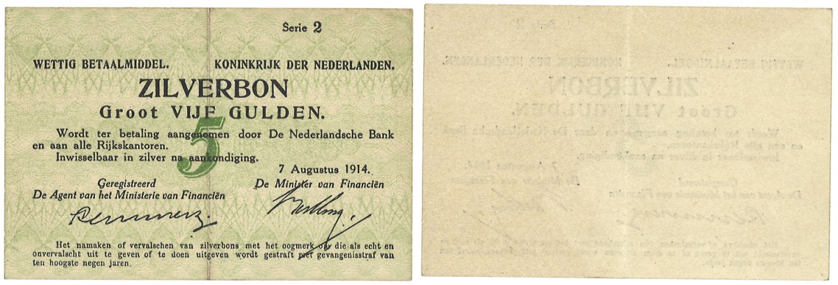 Nederland. 5 Gulden. Zilverbon. Type 1914. - Prachtig.