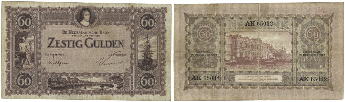 Nederland. 60 Gulden. Bankbiljet. Type 1921. Type Frederik Hendrik. - Zeer Fraai.