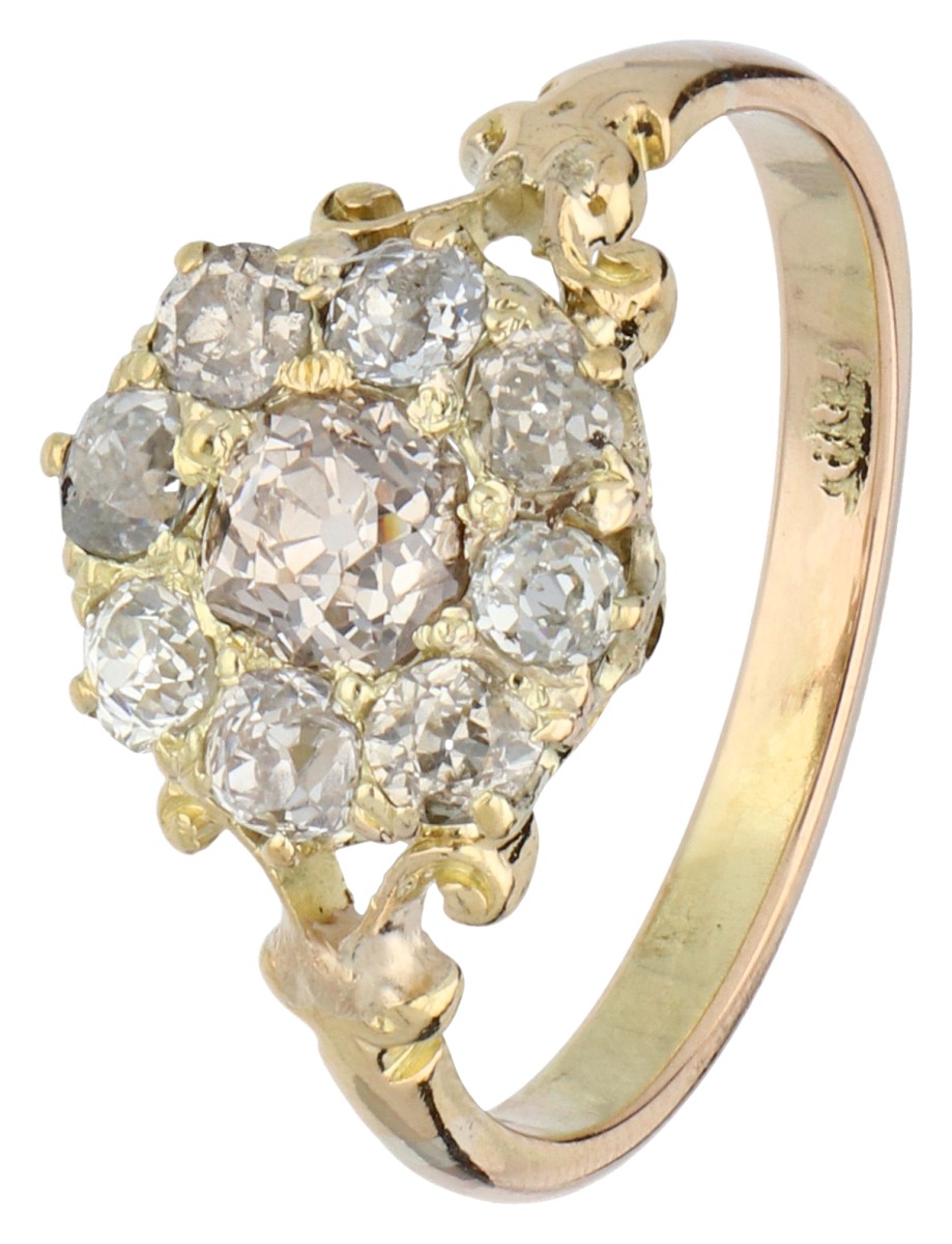14K geelgouden entourage ring bezet met ca. 1.09 ct. diamant