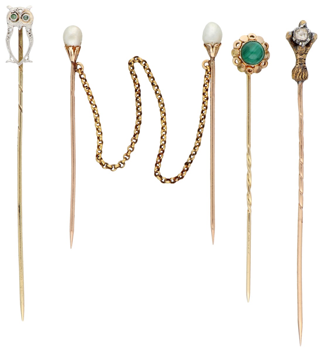 Lot van vier spelden bezet met malachiet, diamant en parel