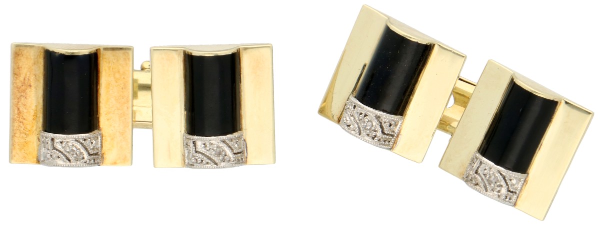 14K geelgouden manchetknopen met diamant en zwart emaille