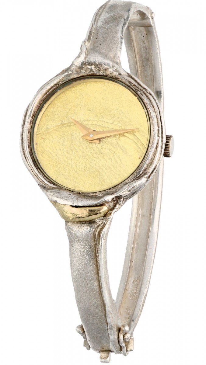 Zilveren gematteerd design bangle dames polshorloge - 925/1000.