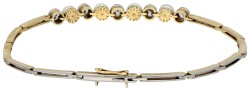 Geelgouden-platina armband bezet met cultivé parel en diamant