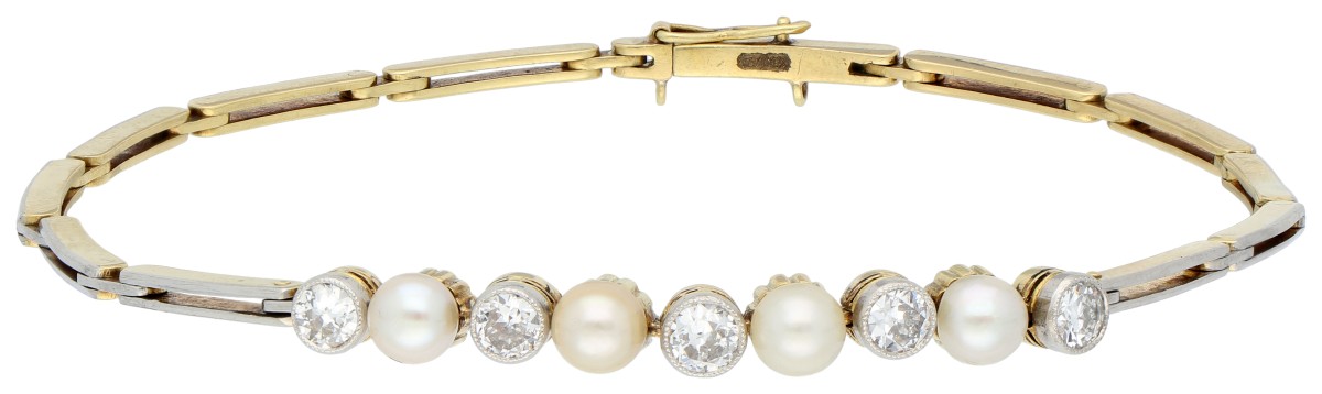 Geelgouden-platina armband bezet met cultivé parel en diamant