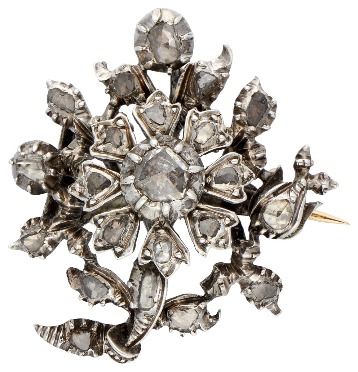 Goud-zilveren antieke broche met diamant