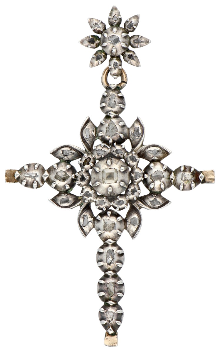 Zilveren antieke kruisvormige hanger met diamanten