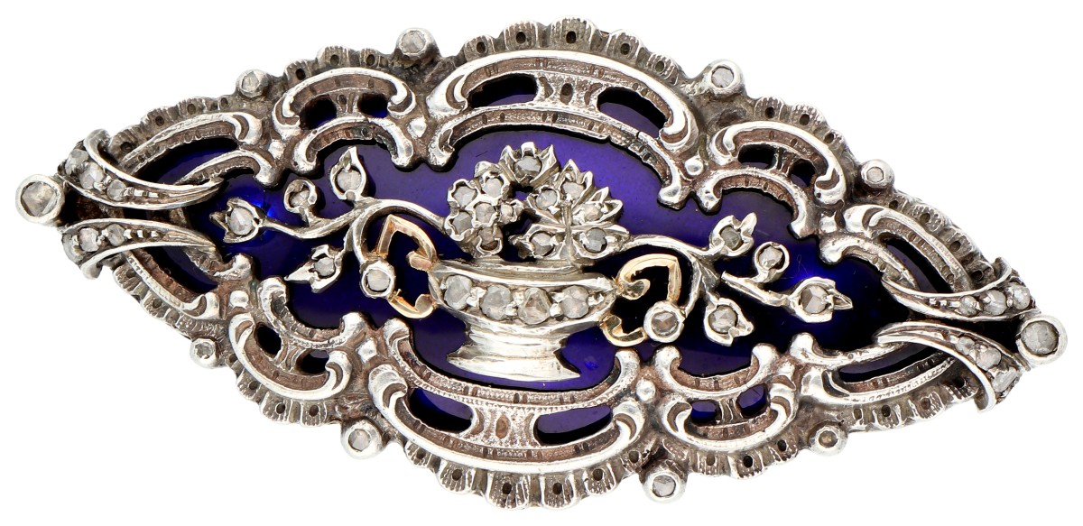Goud-zilveren antieke broche met boheems glas en diamant