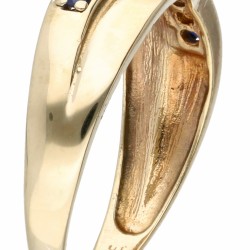 Geelgouden 'criss cross' ring bezet met diamant en synthetische saffier - 14 kt.
