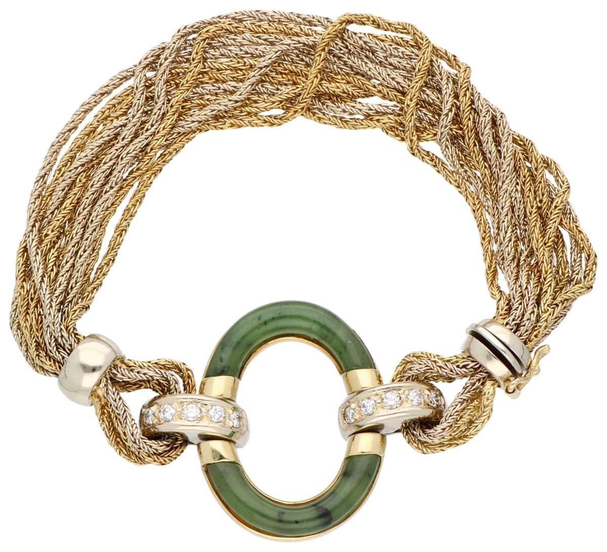Wolfers Frères, 18K bicolor gouden armband bezet met nefriet jade en diamanten 