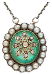 Gouden-zilveren collier bezet met zaadparels , diamant en smaragd