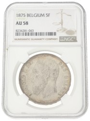 Belgium. Leopold II. 5 Francs. 1875. AU 58