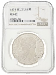 Belgium. Leopold II. 5 Francs. 1874. MS 62