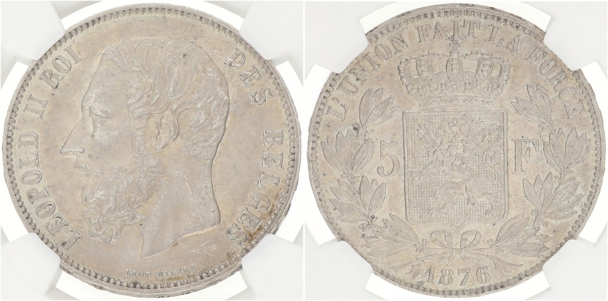 Belgium. Leopold II. 5 Francs. 1876. AU 58
