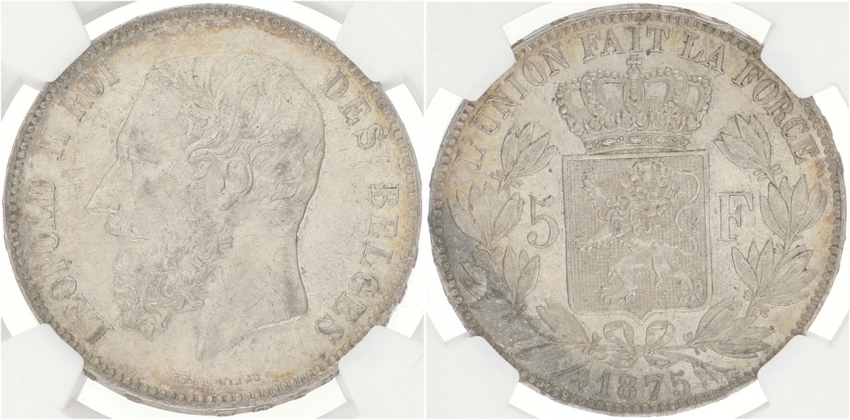 Belgium. Leopold II. 5 Francs. 1875. AU 58