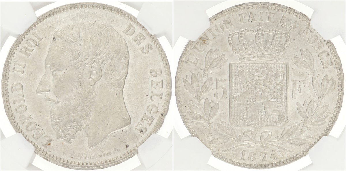 Belgium. Leopold II. 5 Francs. 1874. MS 62