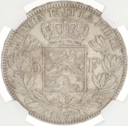 Belgium. Leopold II. 5 Francs. 1870. AU 55