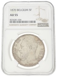 Belgium. Leopold II. 5 Francs. 1870. AU 55