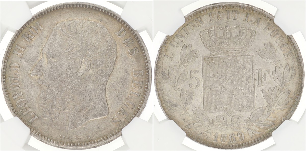 Belgium. Leopold II. 5 Francs. 1869. AU 58
