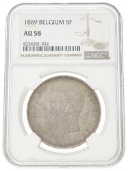 Belgium. Leopold II. 5 Francs. 1869. AU 58