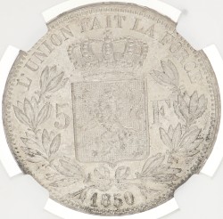 Belgium. Leopold I. 5 Francs. 1850 - No dot above date. MS 60