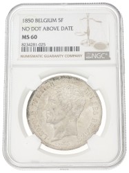 Belgium. Leopold I. 5 Francs. 1850 - No dot above date. MS 60