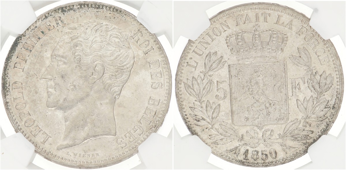 Belgium. Leopold I. 5 Francs. 1850 - No dot above date. MS 60