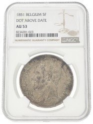 Belgium. Leopold I. 5 Francs. 1851 - Dot above date. AU 53