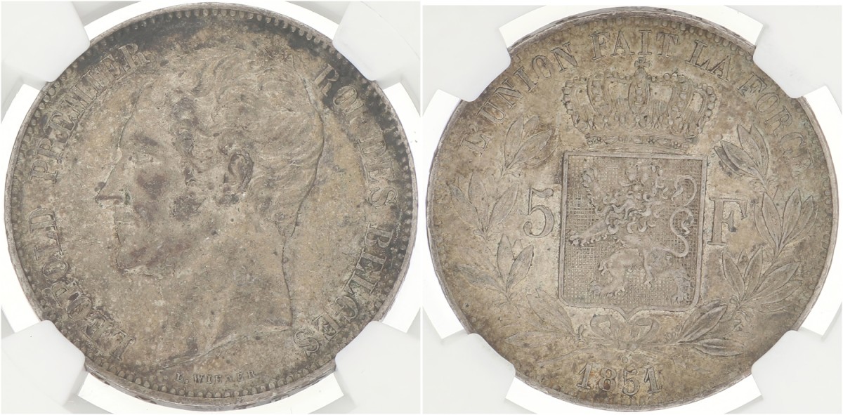 Belgium. Leopold I. 5 Francs. 1851 - Dot above date. AU 53