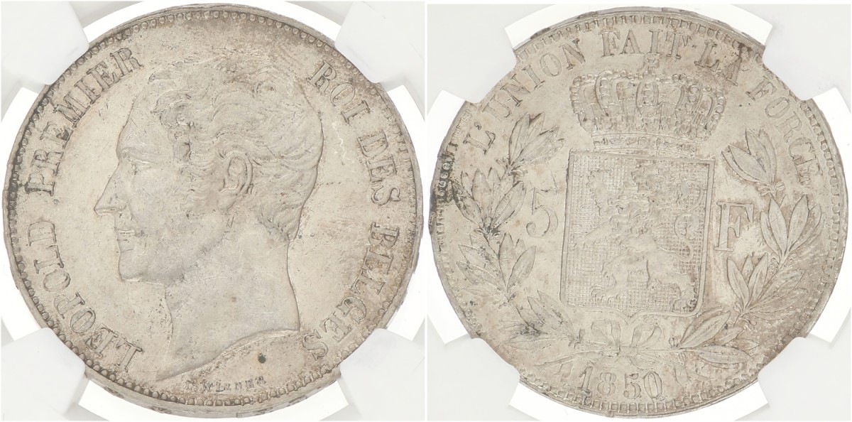Belgium. Leopold I. 5 Francs. 1850 - No dot above date. AU 55