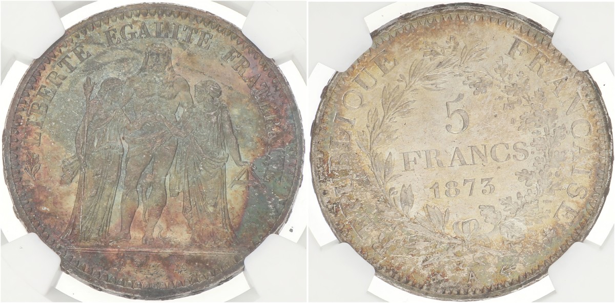 France. Third Republic. 5 Francs. 1873 A. MS 65
