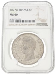 France. Second kingdom. Charles X. 5 Francs. 1827 W. MS 60